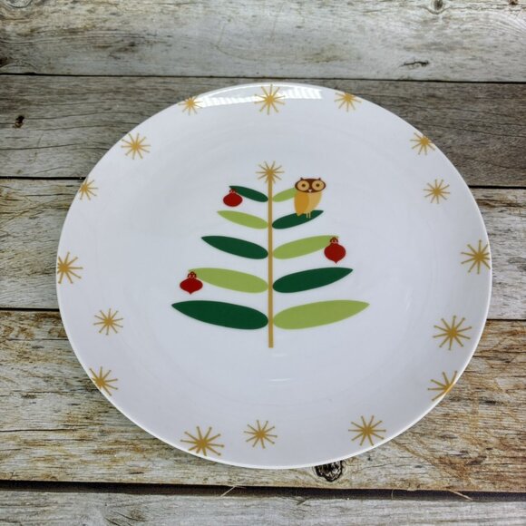 Rachael Ray HOLIDAY HOOT Christmas Tree Owl Stars Porcelain Dinner Plates Set 4 - Picture 8 of 16